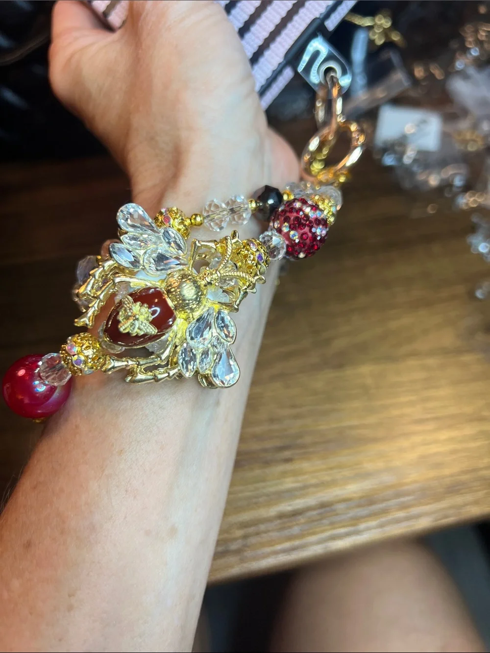 Gold Bee & Crystal Charm Phone Wristlet Bracelet - Red Accents